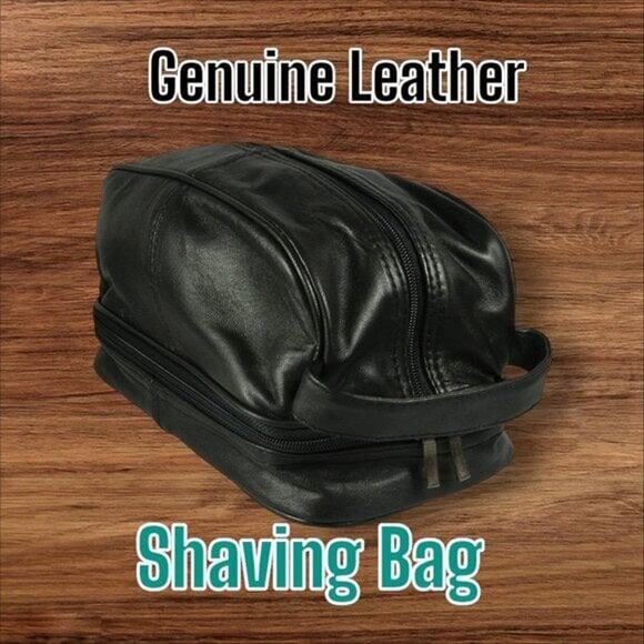 Mens Genuine LEATHER SHAVING Dopp BAG Black Travel Toiletry Shave NWT - Picture 1 of 5